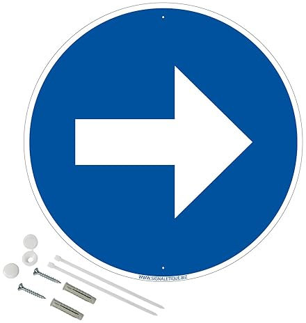 Panneau de signalisation rétro réfléchissant rond prépercé PVC ou ALU diam 250mm ou 300mm + Kit de fixation pour pose facile, rapide - Flèche à droite -