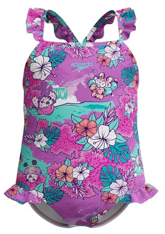 Speedo Mädchen Schwimmen Lernen Badeanzug mit dünnen Trägern, Rüschen und Print | Chlorbeständig | Schnelltrocknend Schwimmbekleidung, Neon Violet, 9-12M