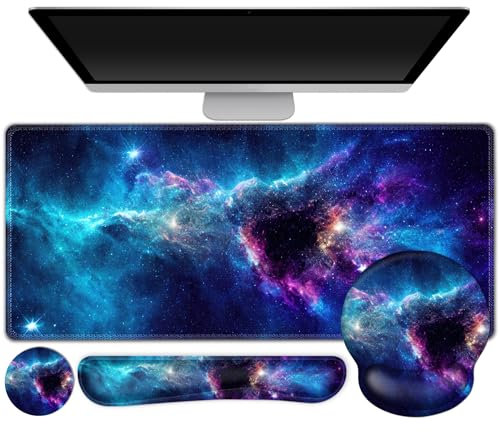 Gaming Mouse Pad, Large Desk Mat, Cute Desk Pad Protector, 4in1 XXL Mousepad + Keyboard Wrist Rest+Mouse Wrist Rest+Coaster Set with Ergonomic Desk Pad for Home Office Table Computer, Galaxy Space