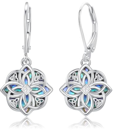 Keltische Knoten Ohrringe 925 Sterling Silber Abalone Muschel Keltische Tropfen Ohrring für Frauen Hexenknoten Hängend Ohrringe Schutz Schmuck Geschenk für Damen Mädchen-Weiß