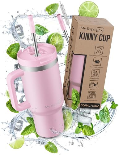 My Vesperbox Kinny Cup – Edelstahl Thermobecher mit Henkel & Strohhalm (500/950 / 1200 ml) – Isolierbecher To Go für Kaffee, Eis & Alltag – BPA-frei, Auslaufsicher, Spülmaschinenfest