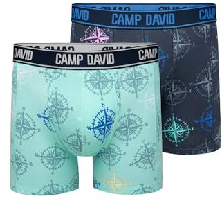 Camp David Herren Boxershorts mit All Over Print, 2er-Pack Blue Navy/Sun Aqua L