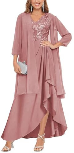 YIANN Robe de soirée élégante en mousseline de soie pour femme avec veste et col en V, vieux rose, 44