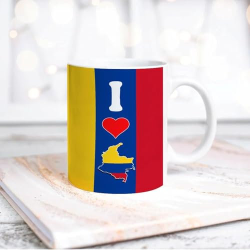 Divertida taza de café de cerámica blanca con texto en inglés I Love My Country, de 325 ml, con la bandera de Colombia, taza de café, té, leche, jugo, regalo novedoso para familiares y amigos