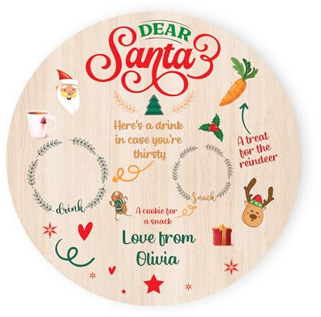 Personalised Santa Plate Christmas Eve Treats Reindeer Food Wooden Plate Round Board (25CM X 25CM (Custom Name)