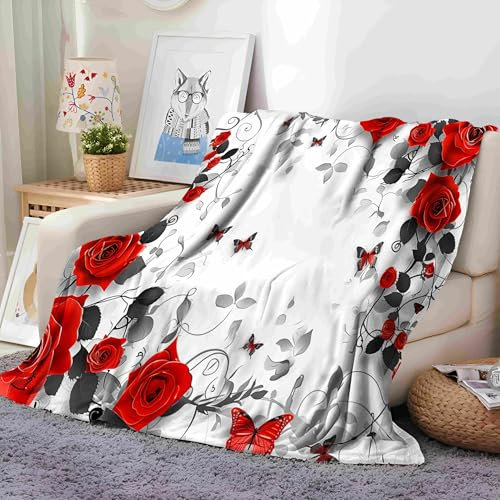 Rote Rose Und Schmetterling Kuscheldecke Fleecedecke Weiß 70x100 cm Flauschig Decke Warme Weich Sofadecke, Wohnzimmer überwurfdecke Couchdecke, Wohndecke für Erwachsene Kinder Baby