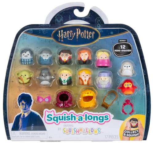Squish-a-longs SQAL0108 - Harry Potter 12er Pack, Welle 1, Stil 1, enthält 12x 2,5 cm Mini-Squish mit 4X Accessoires, 1x Ring und 1x Collectors Guide - Sammeln, Tauschen und Spielen