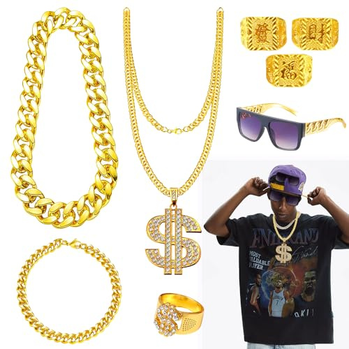 Mineup 8 Stück Zuhälter Kostüm, 80er 90er Jahre Outfit Herren, Hip Hop Kostüm, Zubehör Dollar Kette/Große Goldene Kette/Dollar Ring/Goldenes Armband, für Cosplay Karneval Fasching Mottoparty