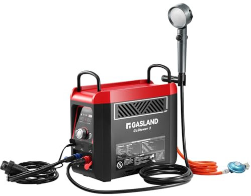 GASLAND G3 Pro-DE Chauffe-eau au gaz, propane/butane (50 mbar) Chauffe-eau pour l'extérieur, Chauffe-eau instantané avec batterie intégrée rechargeable, Douche chaude pour camping