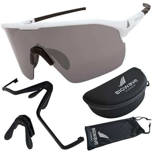 BIGWAVE 906 Sportbrille Schnelle Brille Fahrradbrille Sonnenbrille für Damen und Herren UV400 mit grau-silbernen Gläsern im Shield-Design. Anti-Beschlags-Beschichtung (weiss/grau-silber Gläser)