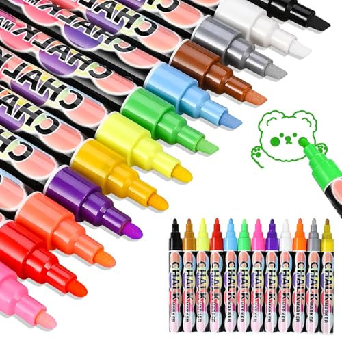MOSTEDE Kreidestifte für Tafel Abwaschbar 12 Stück Wiederholbare Abwischbare Tafelkreide Marker Staubfreie Schreib Neon Kreide Stift Bunt Umkehrbare Spitze Flüssigkreide für Kinder Osterngeschenke