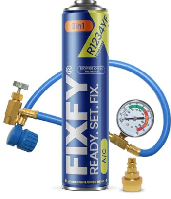 FIXFY Kit 3 en 1 : tuyau avec manomètre + adaptateur + réfrigérant de rechange R1234YF avec huile et mastic - Pour véhicules à partir de 2017 - Remplissez vous-même la climatisation
