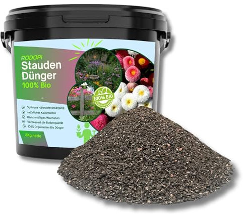 Rodopi Bio-Staudendünger Granulat 7-3-8 – 3 Monate Langzeitwirkung – 100% pflanzlich & tierfrei – Organischer NPK-Dünger mit Eisen & Mykorrhiza – Ideal für Blütenstauden, Gräser & Bodendecker 3kg