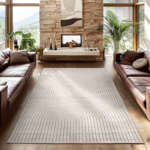 SIMPEX Kurzflor Teppich 280x370 cm XXL Creme Wohnzimmer, Schlafzimmer, Küche, 3D Hoch-Tief-Effekt, Skandinavisch Boho Motiv, für Outdoor Bereich geeignet Terrassen oder im Balkon