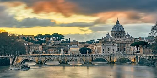 Leinwandbild - Fotomotiv: Blick auf den Petersdom und den Tiber in Italiens Hauptstadt Rom - Fotos/Wandbilder/Bilder/Souvenirs aus Italien (60 x 30 cm)