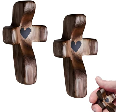 Geschnitztes Holzkreuz,2 Stück Kreuz Kruzifix Klein,51 x 25 mm,Handschmeichler Holzkreuz mit Herzen,Tragbares Gebetskreuz Geschenkartikel,Für Andachtsgebete Taufe Kommunion