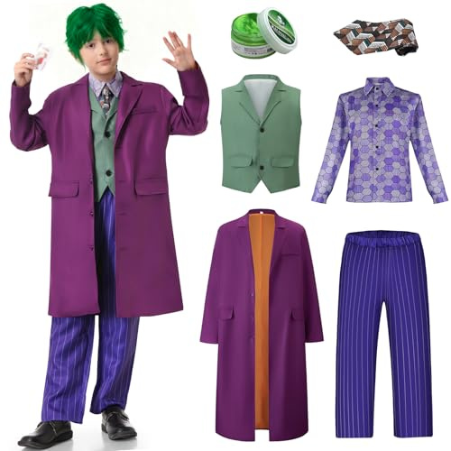 BuzzoXerex Costume Joker Enfant, Costume Horror Clown Enfant Vestito Horror Joker Ragazzo Halloween Clown Bambino con Cappotto Viola, Camicia Stampata, Gilet, Pantaloni, Cravatta per Halloween (S)