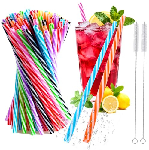 KDISHKRA 100 PCS Wiederverwendbare Strohhalme, 10 Farben, PP-Material, 2 Strohhalmbürste, Verdickte Trinkhalme für Smoothies, Saft, Cocktail, Heißgetränk, Spülmaschinengeeignet (L 23cm × D 7,3mm)