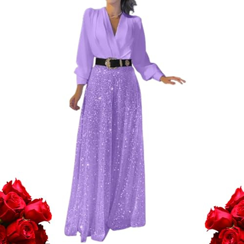 GAGFDA Stilvoller eleganter Langarm-Overall mit glitzernden Pailletten, Playsuit für Damen, V-Ausschnitt, Glitzer, Abendparty, Hochzeit, weites Bein, Overall mit Gürtel