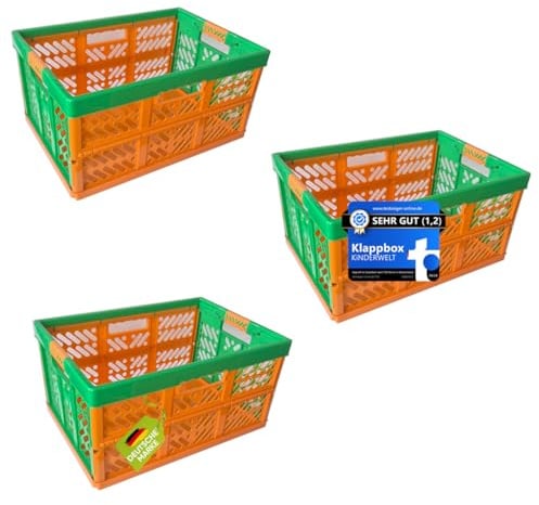 KiNDERWELT 3 x Robuste Profi - Klappbox 45 L bis 50 kg - Faltbox, Kiste, Korb zur Aufbewahrung, Transport - orange