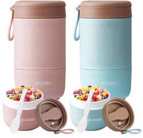 2 Stück Müslibecher To Go mit Deckel,PP-Material Porridge Becher Joghurtbecher to Go mit Löffel,780ml Müsli Cup to Go Becher, Doppelschicht Auslaufsicherer Einmachgläser Perfekt für Arbeit, Schule