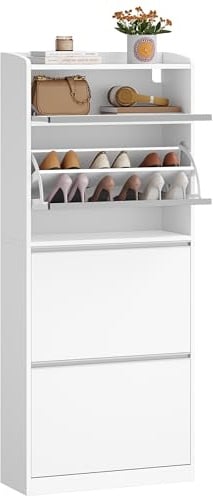 HEXCELEN Schuhschrank Schmal, 3 Klapptüren, 1 Dropdown Speicher, Weiß | Schuhkipper, Schuhschrank Schmal, Bis 18 Paar Schuhe, Verstellbare Einlegeböden, für Flure, Eingang, 60 x 24 x 145 cm