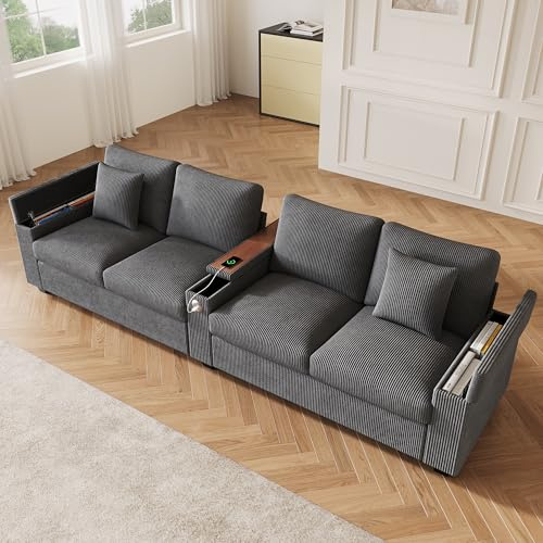 Rosebibi Modernes 4-Sitzer Cord Sofa, Wohnzimmer Sofa mit USB/USB-C Ladefunktion, klappbarer Mittelarmlehne, verstecktem Stauraum, bequemes Sofa für Büro und Zuhause (Grau)