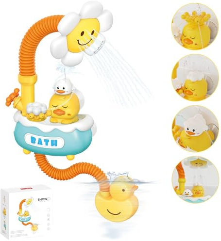 Qingning Juguetes de Baño Niños con Cabezal de Ducha de Girasol | Juguete de Baño Eléctrico Bebés, Juguetes de Ducha de Patito, Juguete de Bañera para Niños 1-4 Años, Juguetes de Agua Regalo