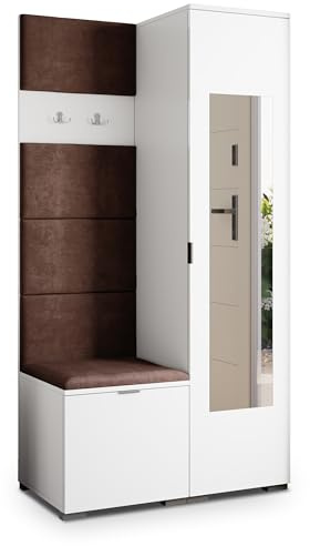 Masseno Flugarderoben Set VIRA, Kleiderschrank-Set mit Spiegel und Sitzbank, Garderobenschrank Flur mit 3 Regalböden, Weiß