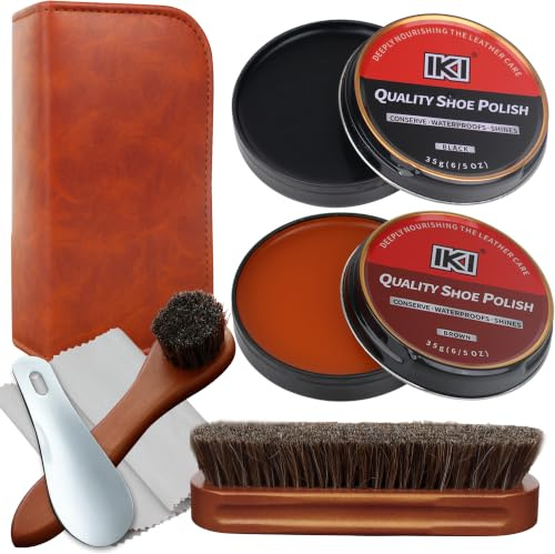 IKI Kit d'entretien des chaussures en cuir de qualité supérieure - Lanoline incolore et noire, cire à chaussures, 2 brosses en crin de cheval, chiffons en flanelle et fibres hautes - Solution complète