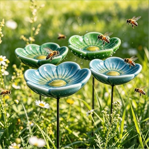 Blume Bienentränke für den Garten | 4 Stück Keramik Blumen Insektentränke auf Stab | 27CM Blume Gartenstecker Vogeltränke Stehend Süße | Kreative Blumen Vogelbad Garten für Gartendeko Draußen
