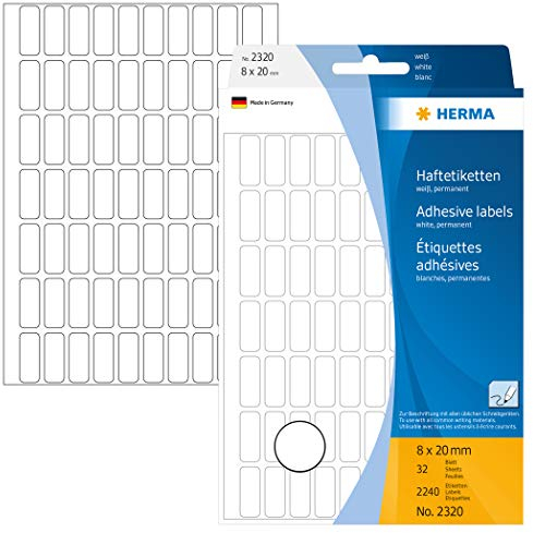 HERMA 2320 Vielzweck-Etiketten, 2240 Stück, 8 x 20 mm, 70 pro Bogen, selbstklebend, Haushaltsetiketten zum Beschriften, matt, blanko Papier Klebeetiketten Aufkleber, weiß