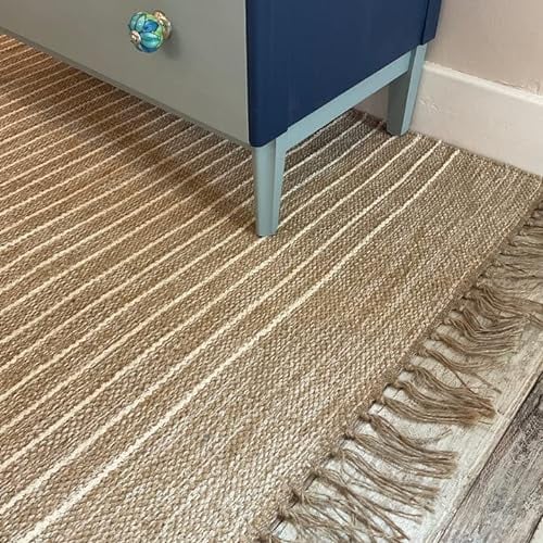 Second Nature Online - BEKAL Area Rug | Sand Beige and Off White Pin Stripe Weave of Cotton Jute Yarn | Hand Woven | Ethical Trade | Eco-Friendly (90 x 150 cm)