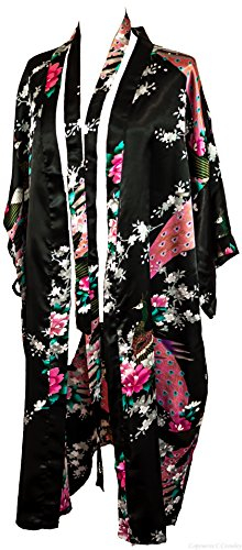 CCCollections Kimono motif paon et fleurs,lingerie, nuisette, robe de chambre, demoiselle d'honneur, enterrement de vie de jeune fille (Noir (Black)), Taille unique