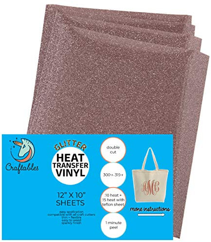 Craftables (5) 12 x 9.8 Sheets Rose Gold Glitter Heat Transfer Vinyl, HTV - Sparkling Easy to Weed Tshirt Iron on Vinyl for Silhouette Cameo, Cricut, All Craft Cutters. Ships Flat