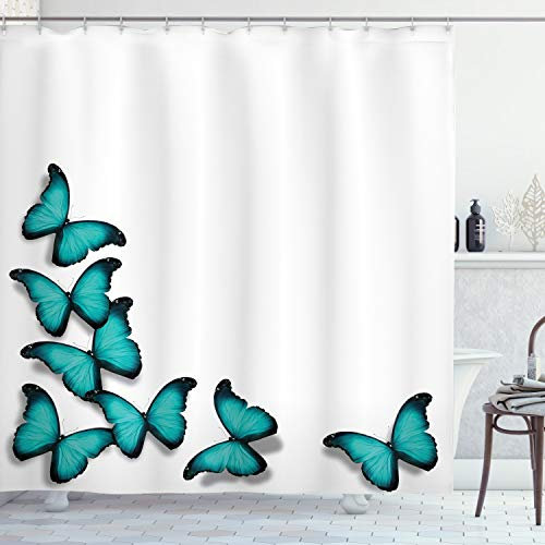 ABAKUHAUS Turquoise Rideau de Douche, Papillons ensoleillé Morphs, Tissu Ensemble de Décor de Salle de Bain avec Crochets, 175 cm x 180 cm, Noir Turquoise