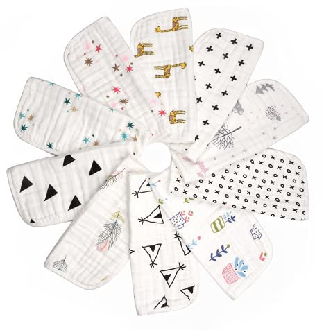 BabyBliss Lot de 10 débarbouillettes en mousseline 6 couches pour bébé – Serviettes lavables grande taille – Lingettes réutilisables pour nourrissons plus sacs de rangement et de toilette