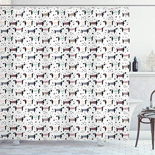 ABAKUHAUS Hund Duschvorhang, Dackel-Silhouetten Dots, Stoffliches Gewebe Badezimmerdekorationsset mit Haken, 175 x 180 cm, Weiss Mehrfarbig