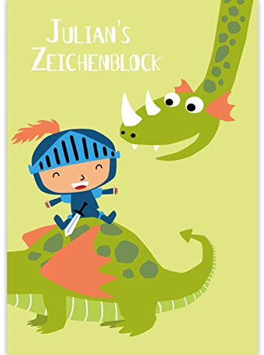 1 personalisierter Lustiger Ritter mit Drachen Malblock A3 für Kinder im Comic Stil mit Namen • Zeichenblock Skizzen-Block 25 Blatt blanko, Papier 100g/m²- für Schule, Basteln, Hobby