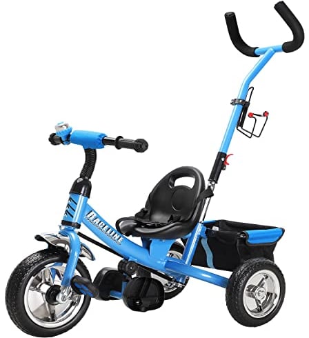 Spielwerk® Dreirad 2in1 mit Schubstange ab 1 Jahr Getränkehalter Kinderdreirad Klappbare Fußablage Baby Buggy Laufrad Kinderwagen Kleinkind Blau