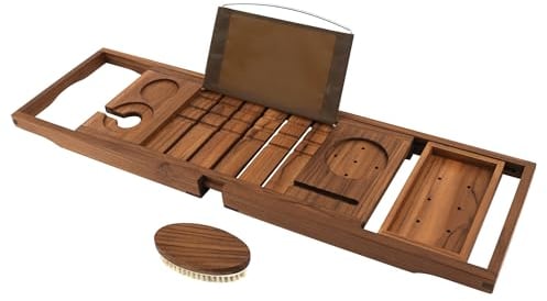 Teak-Badewannen-Tablett, erweiterbares Holz-Badewannentablett für Badewanne mit Wein- und Buchhalter, massiver Badezimmer-Caddy mit kostenloser Teak-Körperbürste
