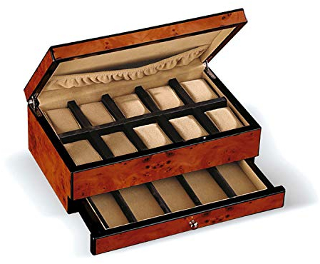 SELVA Uhrenbox im Ulmenholz-Design, mit 15 Fächern für Uhren und Bänder, aufklappbarem Deckel und Gummizugtasche