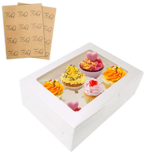 24 Packs White Cupcake Boxes 6 Holes with Window (6.3x9.45x3 Inches), Rectangle Cup Cake Boxes for Cupcakes Muffins Desserts, Suitable for Home Baking, Party, Wedding, Christmas, halloween, Cake Shop
