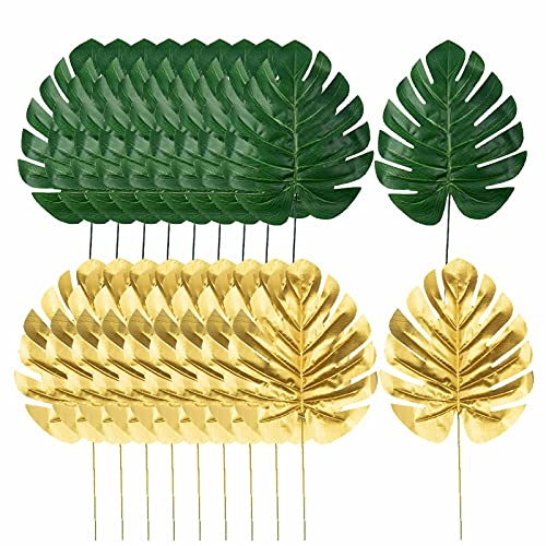 Lot de 20 feuilles de palmier artificielles Monstera - Feuilles tropicales dorées avec tiges pour fête hawaïenne, plage, fête prénatale, anniversaire, mariage, Luau