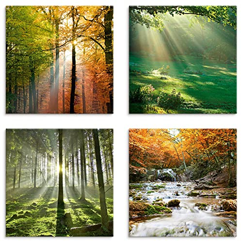 ARTLAND Wanddeko Leinwand Bilder Natur Set 4 tlg. je 40x40 cm Quadratisch Wandbilder Natur Waldbilder Herbst Wald U2YC
