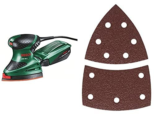 Bosch Multischleifer PSM 160 A, 3 Schleifblätter, Karton (160 W, Schwingkreis-Ø 1,6 mm) + 10 Stück Schleifblatt (für Farbe, Lack, Hart-/Weichholz, Spanplatten, Metall, Rost, Korn 80)