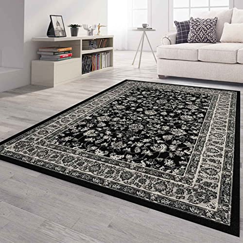 VIMODA Orient Teppich grau schwarz klassisch dicht gewebt mit Ornament und Blumenmotiven, Maße:Ø 120 cm Rund