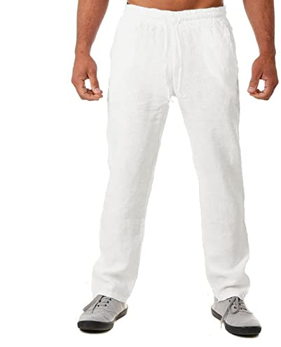 Celucke Leinenhose Herren Schnürhose Sommerhose Regular Fit Lange Hose aus Baumwolle und Leinen Freizeithose Mode Atmungsaktive mit Taschen Hosen Strandhose Weiß M