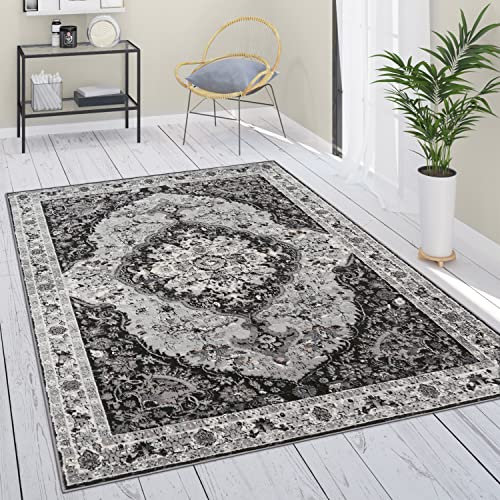 Paco Home Teppich Wohnzimmer Schlafzimmer Kurzflor Vintage Optik Orientalisch Moderne Ornamente Mandala Stil Bordüre, Grösse:80x150 cm, Farbe:Schwarz 6