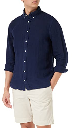 HACKETT LONDON Herren Garment Dyed Linen B Hemd, Navy, L